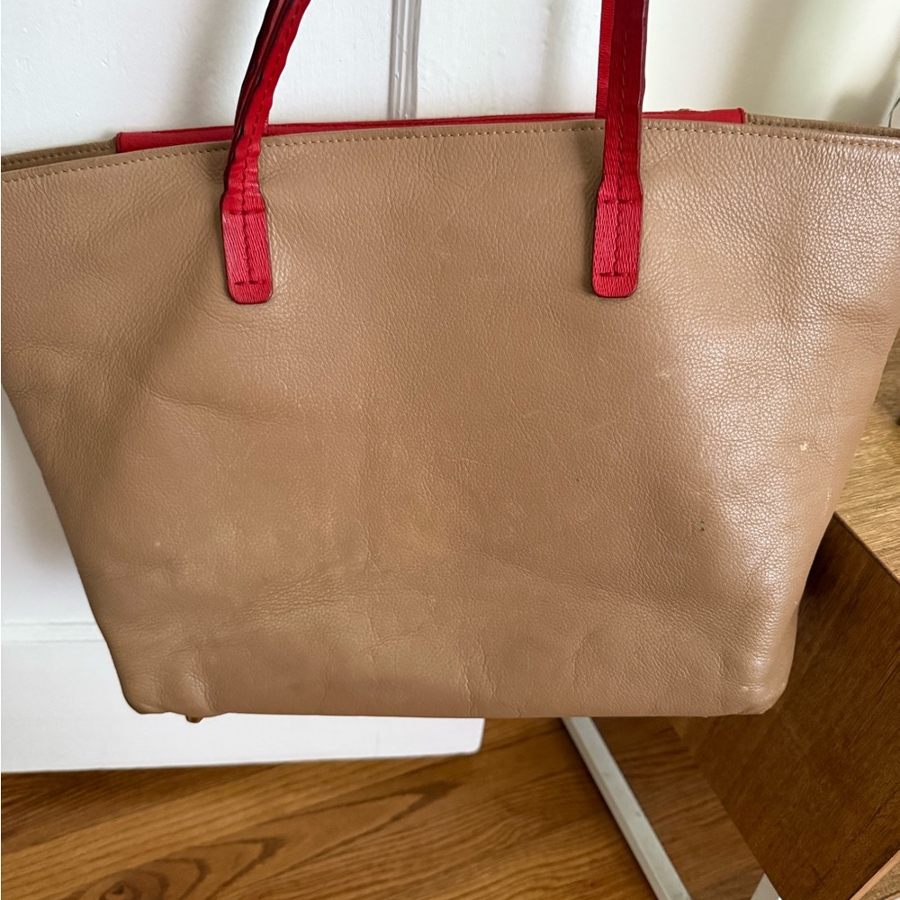 Lanvin Red and Tan Leather Shoulder Tote with Front Pocket - Picture 3 of 8